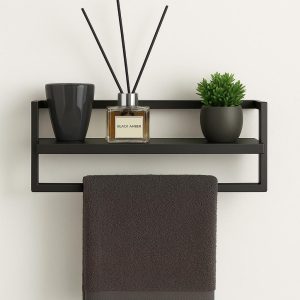 Modern Wall Mounted Floating Shelf with Towel Rack – Minimalist Metal Shelf with Hooks for Bathroom & Kitchen Storage,Towel Holder